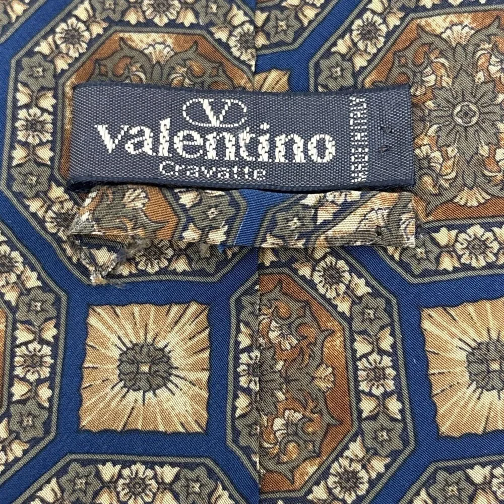 Vintage Valentino Cravatte Necktie, 100% Silk Italy, Brown Black Geometric Print